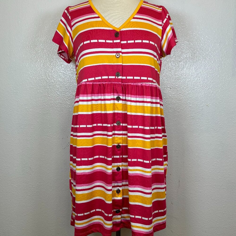 LuLaRoe Heidi Babydoll‎ Bright Pink Yellow Dress Pockets Rayon Blend Size S